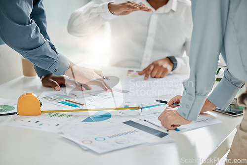 Image of Paperwork, office and team planning a project together in conference room with graphs, data and statistics. Teamwork, documents and group of people in collaboration working on a strategy in workplace