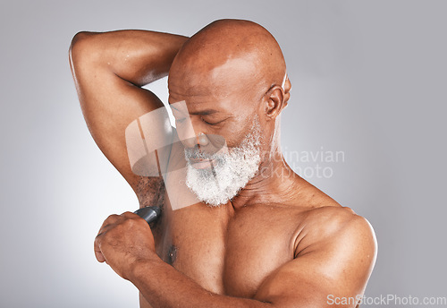 Image of Product, armpit or senior black man with deodorant for healthy body hygiene in grooming morning routine. Studio mockup, self care or old man with underarm roll on for wellness, skincare or self love