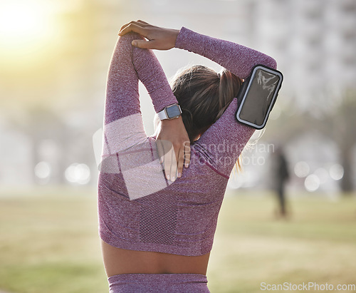 Image of Back, woman and stretching outdoor, health and workout for wellness, fitness and training. Female, athlete and warm up for run, exercise and sports for cardio, energy and balance in nature and goals.