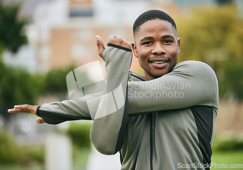 Image of Fitness, stretching and black man in park for workout, training or running motivation, energy and sports portrait. Warmup, exercise and runner face with cardio, outdoor run goals and muscle health