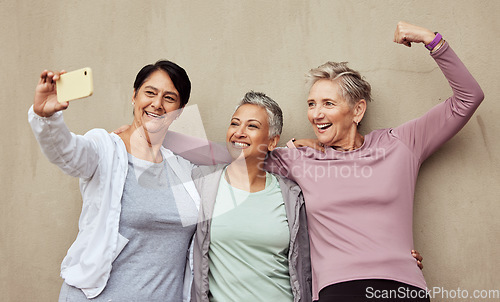 Image of Senior women, phone selfie and strong fitness support together for arm exercise workout motivation, training wellness and retirement lifestyle. Elderly friends, smartphone and cardio care happiness