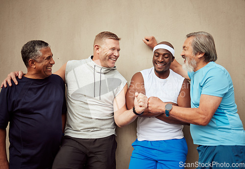 Image of Happy, fitness or friends fist bump with goals bonding after workout, training or running exercise. Motivation, mature runners or healthy group of senior men with support or target ready for running