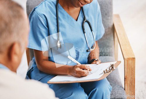 Image of Nurse, writing notes and medical history with patient for healthcare, research or surgery planning. Closeup doctor, clipboard and consulting test results, medicine questions and checklist information