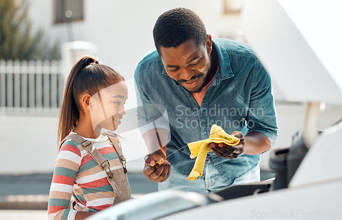 Image of Oil change, father and child learning about car for mechanic repair of family vehicle outdoor. Black man teaching daughter while bonding and working on engine for transport, safety and insurance