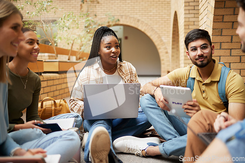 Image of Group studying, university student and communication of research, project or schedule planning, ideas and teamwork. talking, education and diversity college friends or people collaboration in school