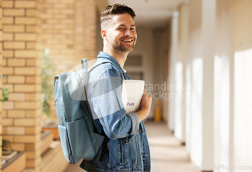 Image of College education and student portrait with tablet for academic learning, research and studying online. Study, knowledge and Gen Z university man at campus on break in California, USA.