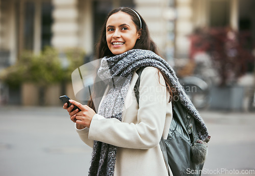Image of Walking, phone and woman travel on city sidewalk, street road or on holiday adventure journey In London UK. Mobile smartphone, England and girl search gps location with digital app, compass or map