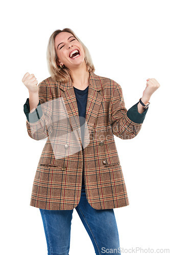 Image of Success, achievement and happy woman with good news isolated on a white background in studio. Winner, celebration and girl celebrating a victory, yes or win on a studio background with motivation