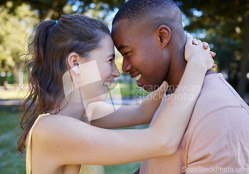Image of Happy, love and interracial couple at park for date with diversity, summer celebration and valentines day. Race, black man with partner or people together in garden excited for anniversary in nature