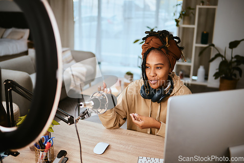Image of Online communication, podcast talk show and black woman, radio presenter or speaker talking about teen culture. Girl live streaming, audio microphone and gen z influencer speaking about student news