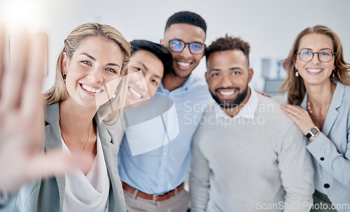 Image of Office selfie, diversity and portrait of business people with photo memory of teamwork, collaboration and solidarity. Company workplace group, community and corporate team happy for startup success