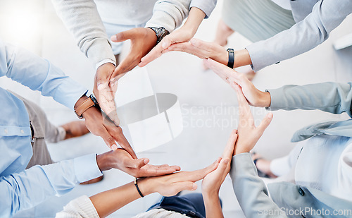 Image of Support, team building and hands of business people in a circle for collaboration, trust and community. Partnership, mission and employees huddling as a group for a target, vision and solidarity