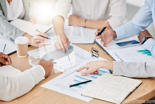 Image of Closeup, business people and team brainstorming, meeting and charts for feedback, financial growth and notes. Zoom, staff and group project for budget report, finance and collaboration for accounting