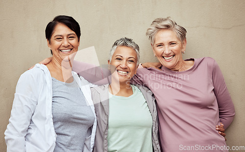 Image of Fitness portrait, senior women friends and exercise with wellness in retirement, vitality and active lifestyle. Mature female, smile and training, relax and sports motivation against wall background