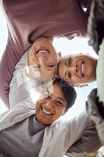 Image of Fitness, portrait or senior friends with motivation, wellness goals or support in a group huddle for team building. Low angle, healthy or happy mature women in cardio workout, training or exercise