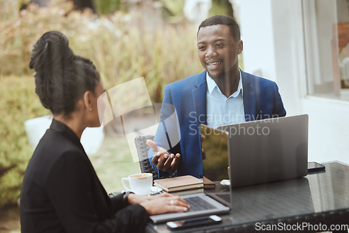 Image of Businessman, black woman and meeting on terrace for strategy, finance goal and business trip with laptop. Business people, morning business meeting and patio with focus, collaboration and planning