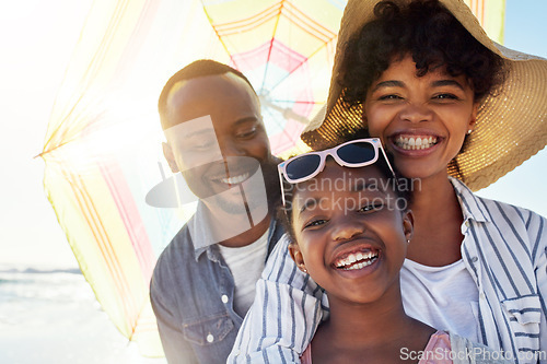 Image of Happy family, smile and beach sunshine portrait together for travel holiday, summer vacation or bonding outdoor. African parents, child happiness and relax quality time on ocean sea for adventure