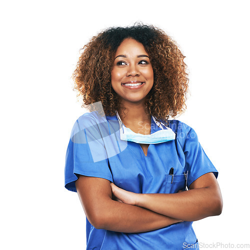 Image of Nurse, healthcare and black woman with arms crossed in studio isolated on a white background. Medical, thinking and confident, proud and happy female physician with ideas, thoughts or contemplating.