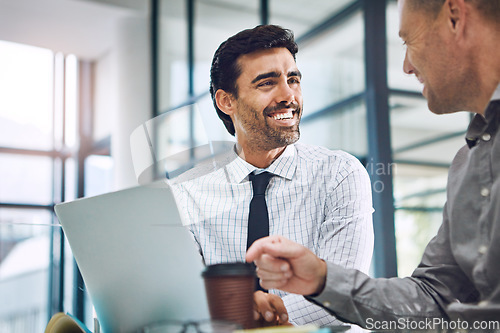 Image of Smile, data analysis or business people with laptop for business meeting, invest strategy or planning company finance. Collaboration, thinking or teamwork on tax data analysis or financial network