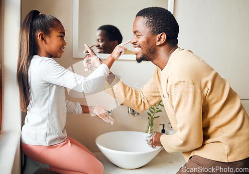 Image of Black family, soap nose and washing hands for health and wellness in home bathroom. Man teaching girl while cleaning body for safety, healthcare and bacteria while playing and learning about wellness