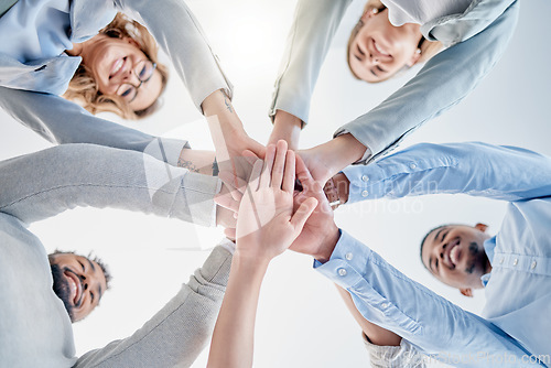 Image of Hands together, support and teamwork people for collaboration success, staff mission and business solidarity. Happy group of employees stacked sign for goals, community and diversity in below mockup