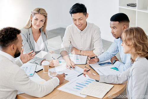 Image of Meeting, collaboration and finance with a business team planning for the future growth of their investment. Planning, documents and teamwork with a man and woman accounting group in the office