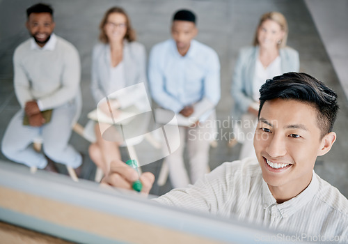 Image of Business, Asian man and writing on board for presentation, workshop and budget feedback for staff, teamwork and smile. Corporate training, male leader or manager with group, seminar and collaboration