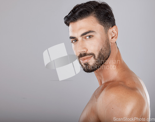 Image of Man, studio portrait and skincare with beauty, cosmetics and wellness by studio backdrop with natural glow. Model, self care and healthy aesthetic for cosmetic self love, body care and radiant facial