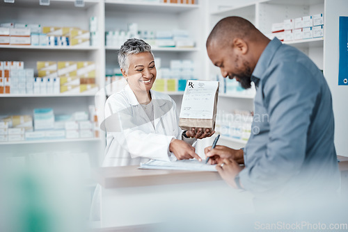 Image of Medicine, shopping or pharmacist with customer writing personal or medical information in pharmacy. Consulting, pills or happy senior doctor helping or speaking to black man or sick African customer