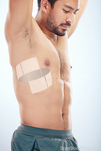 Image of Fitness, stomach or man in studio with body goals on a white background with mockup space. Wellness, zoom or healthy model with abs or self love after training strong muscles, exercise or workout
