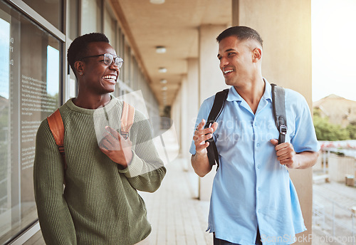 Image of Men, students and friends with education and university, together talking and laughing with funny and study at college. Comedy, discussion and friendship communication, learning and happy outdoor