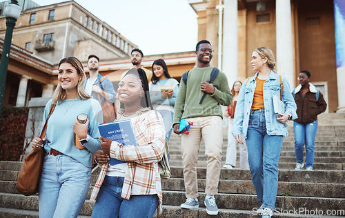 Image of Diversity, students and walking on university steps, school stairs or college campus to morning class. Smile, happy people and bonding education friends in global scholarship opportunity or open day