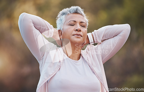 Image of Senior woman, neck pain and tired for outdoor exercise and sports fitness or runner workout training in nature park. Mature athlete, cardio back pain and body performance injury breathing in forest