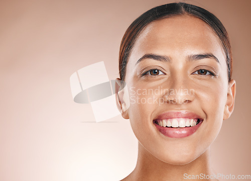 Image of Beauty, portrait and skincare of natural woman marketing with healthy teeth and attractive smile. Wellness model with beautiful face on beige studio mockup background for cosmetic advertising.