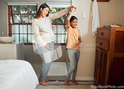 Image of Pregnant mother, child and happy family dancing in home bedroom for bonding, love and care for girl. Smile of kid and woman together in house for pregnancy celebration with happiness and support