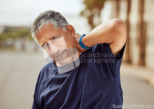 Image of Senior, neck pain and sports man with elderly training injury from sports, running and exercise. Wellness, medical and sport performance accident problem from an outdoor run with person in retirement