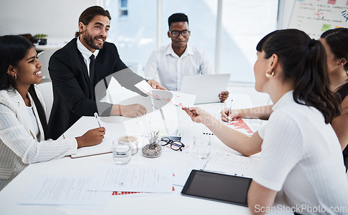 Image of Business, people and strategy meeting for planning with graph statistics for professional data assessment. Corporate company employees in office for information analysis, teamwork and innovation.