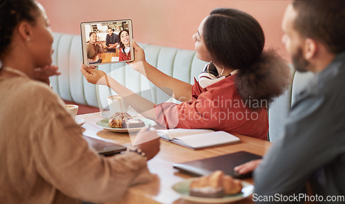 Image of Selfie, digital tablet and business people at restaurant for meeting, planning and lunch. Picture, people and team smile for photo in business meeting for startup goal or social media advertising