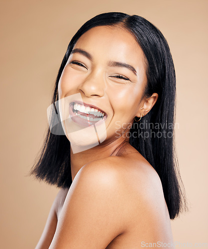 Image of Portrait, skincare and black woman isolated on studio background for beauty facial, makeup and cosmetics glow. Happy, young and beautiful model or person with dermatology face results