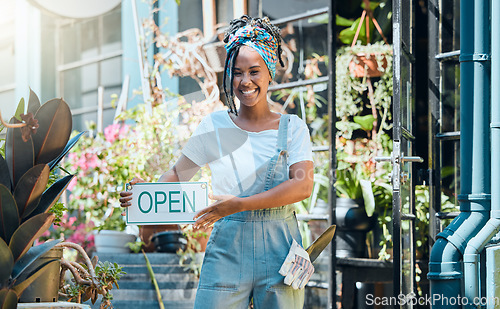 Image of Flowers, open sign and store portrait of woman, startup small business owner or manager with retail sales choice. Commerce shopping service, florist market or African worker with plant garden product