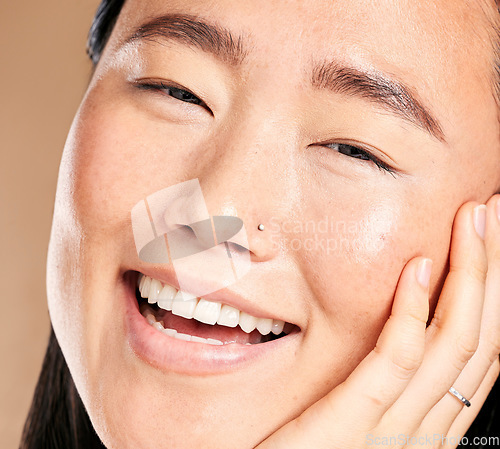 Image of Portrait, face or happy Japanese woman smiles with pride in skincare routine isolated on studio background. Zoom, relax or beautiful Asian girl model with facial beauty treatment or self care results
