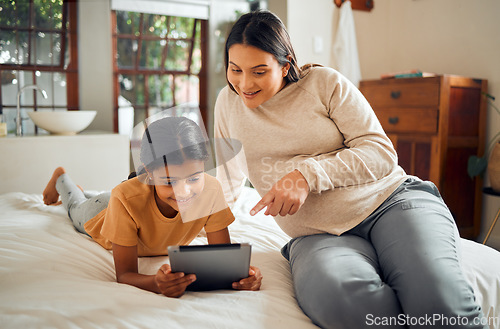 Image of Pregnant mother, child and tablet pointing online for distance learning in home bedroom. Smile of kid and woman family together for pregnancy development, education and support on mobile app