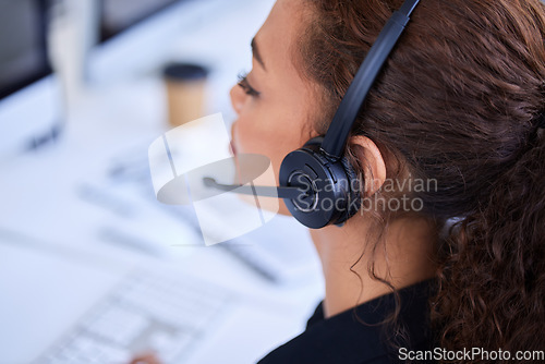 Image of Customer support woman, communication and headset microphone for advice, conversation and consulting. Crm expert, contact us consultant or telemarketing agent with voip tech, customer service and job