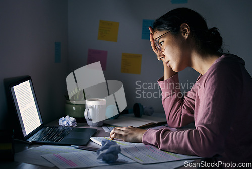 Image of Laptop, night and tired with a student woman learning or studying in her home for a university exam. Computer, exhausted and late with a female pupil in a house to study for her college scholarship