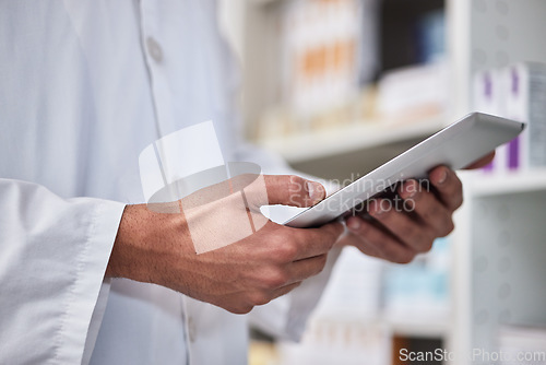 Image of Man, hands or pharmacy digital tablet in medicine product research, healthcare wellness treatment or pills stock check. Zoom, pharmacist employee or medical worker on technology in drugs retail store