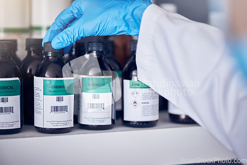 Image of Hand, covid and medical vaccine with a nurse working in a hospital or clinic for treatment in the pandemic. Healthcare, insurance and bottle with a female medicine professional at work during corona