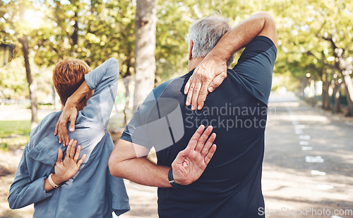 Image of Back, couple and stretching outdoor exercise, fitness and training for wellness, health and bonding. Sports, man and woman in nature, workout and practice for healthcare, balance and relax together.