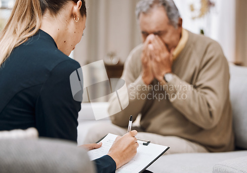 Image of Psychology, senior man and therapist writing, consulting and patient emotional. Psychologist, mature male and counselor make notes, help and advice for grief, anxiety, depression and mental health