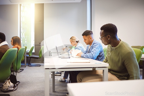 Image of Creative business people, exam and onboarding team in training or audience at workshop or seminar. Group of people or colleagues in convention room for marketing or advertising for company startup