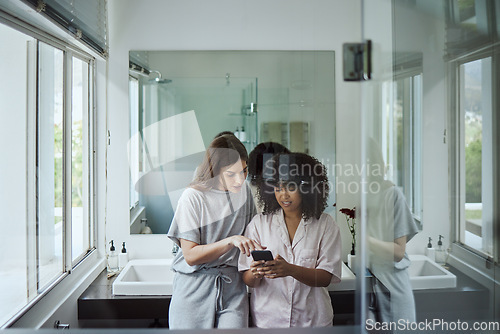 Image of Search, phone or women friends in bathroom for social media, website or internet blog content fake news review. Tech, social network or girl on smartphone for networking, communication or media app